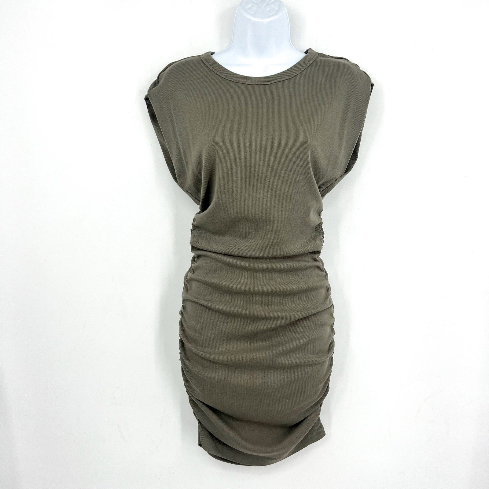 MICHAEL STARS Ricci Power Shoulder Dress Small Olive Green Short Sleeve NWT