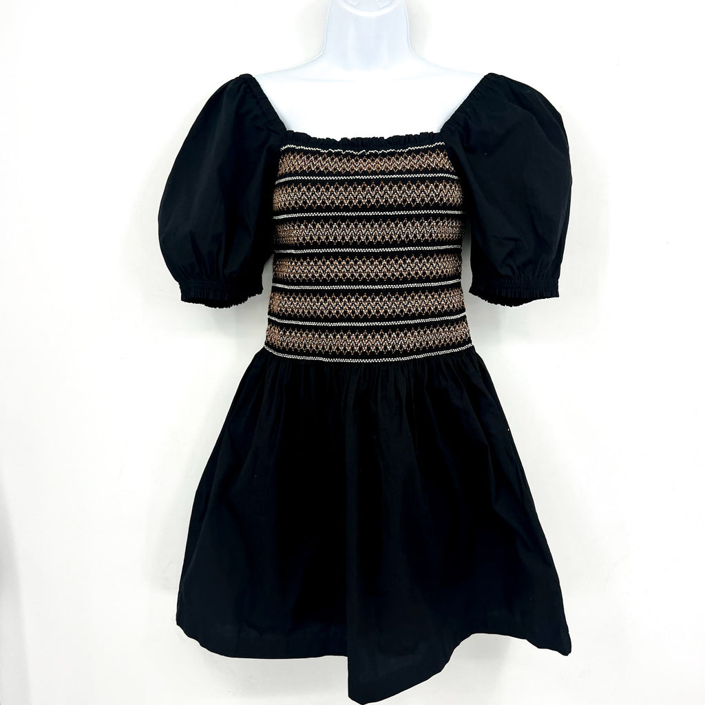 Madewell Womens Poplin Puff-Sleeve Mini Dress Small Black Smocked NU780 NWT