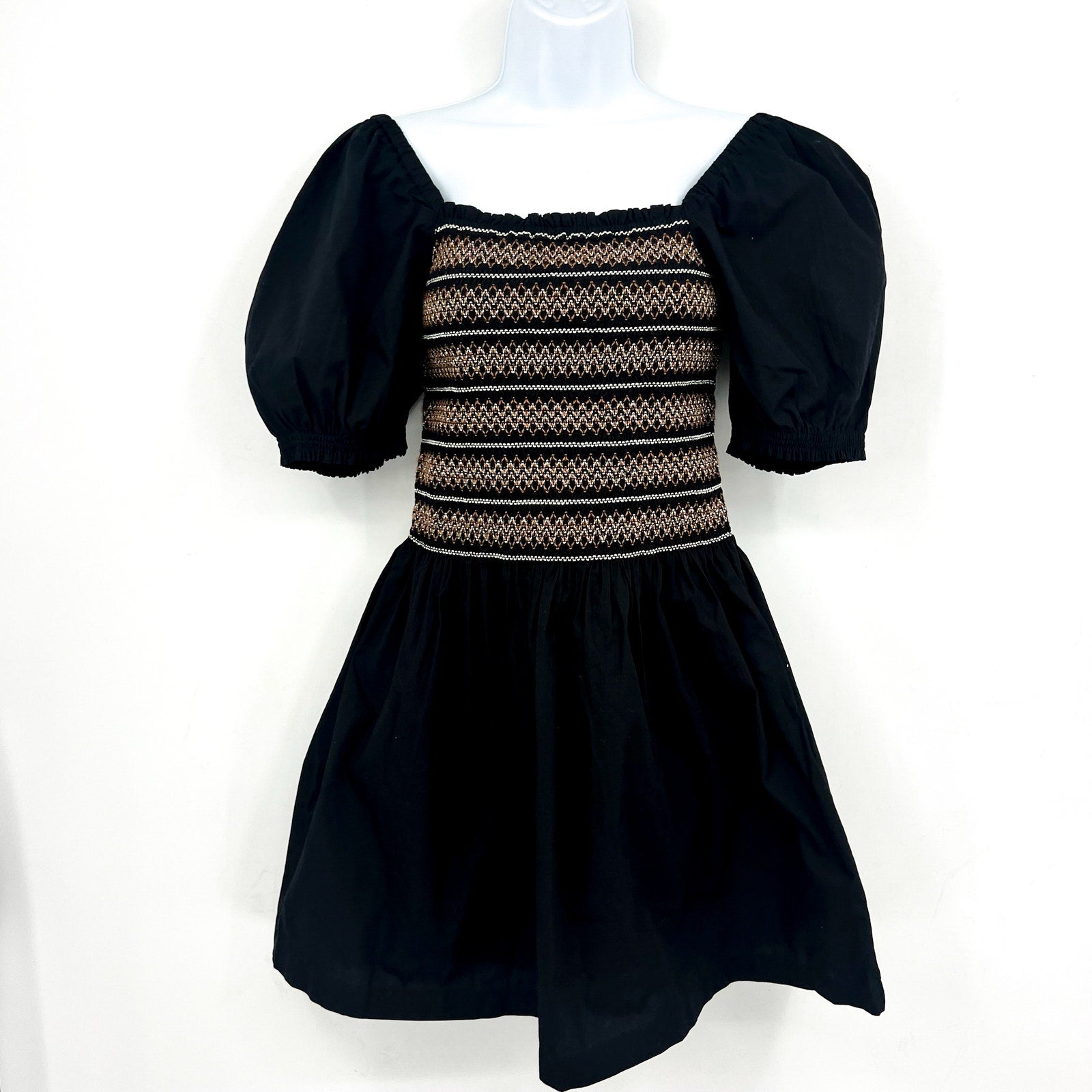 Madewell Womens Poplin Puff-Sleeve Mini Dress Small Black Smocked NU780 NWT