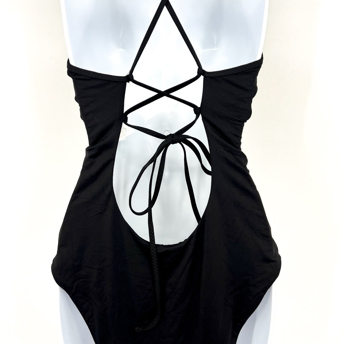BECCA Colette Clare Plunge One Piece Swimsuit Large Black Crochet Flower NWT