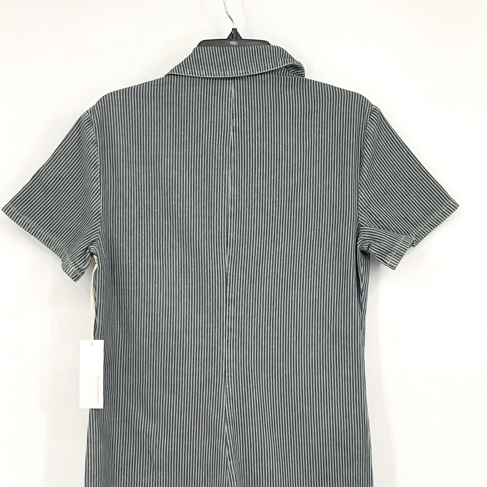 LACAUSA Women's Railroad Lucky Jumpsuit XS Blue Sea Salt Stripe Short Sleeve NWT