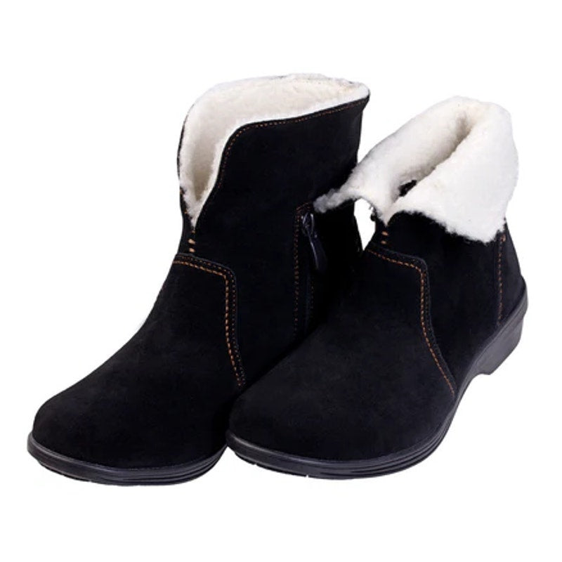 Spenco Womens Sun Valley Ankle Boots US 5.5 Wide Black Suede Sherpa Lined NIB