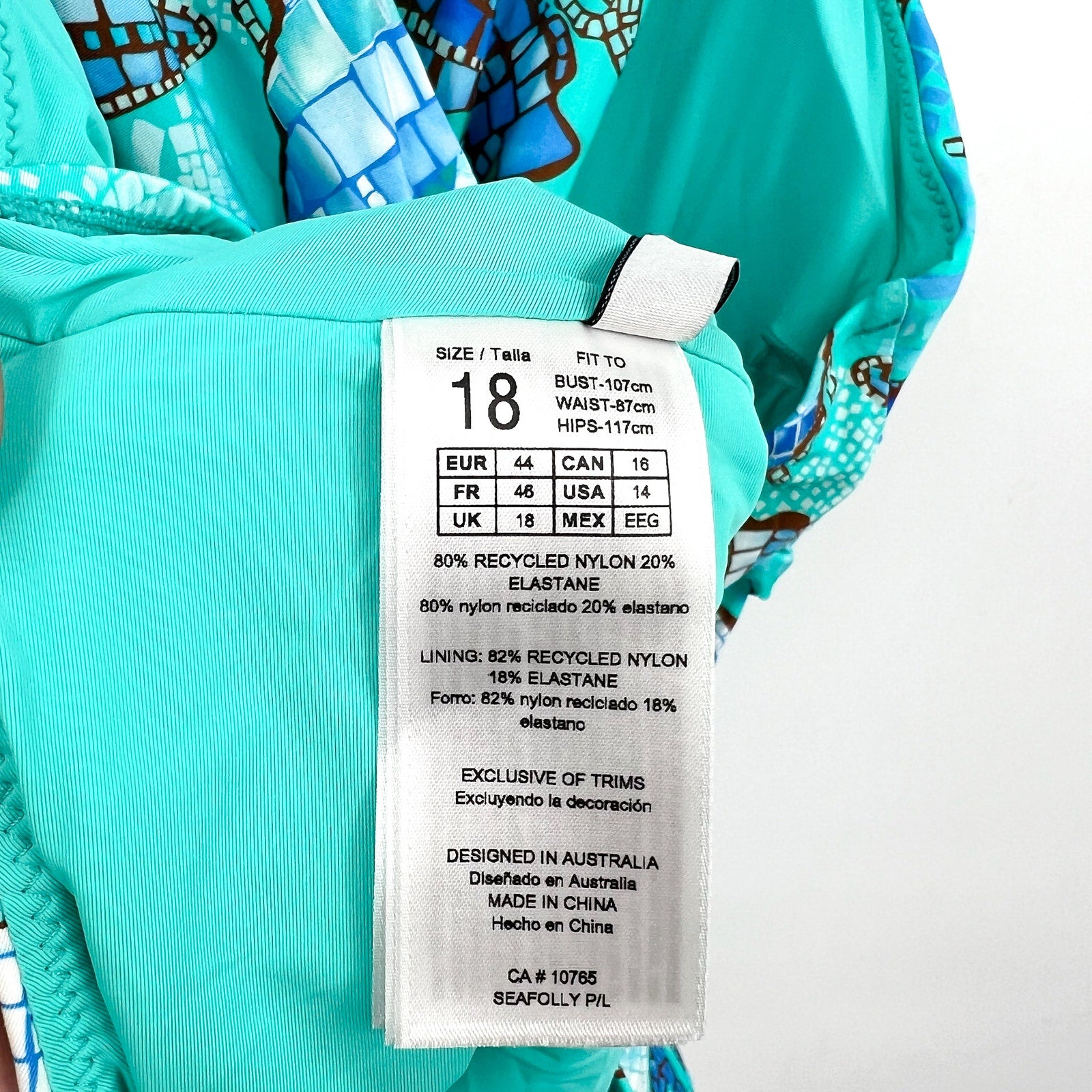 SEAFOLLY La Mer Cross Back One Piece Swimsuit Size 14 Aquatic Blue Print NWT