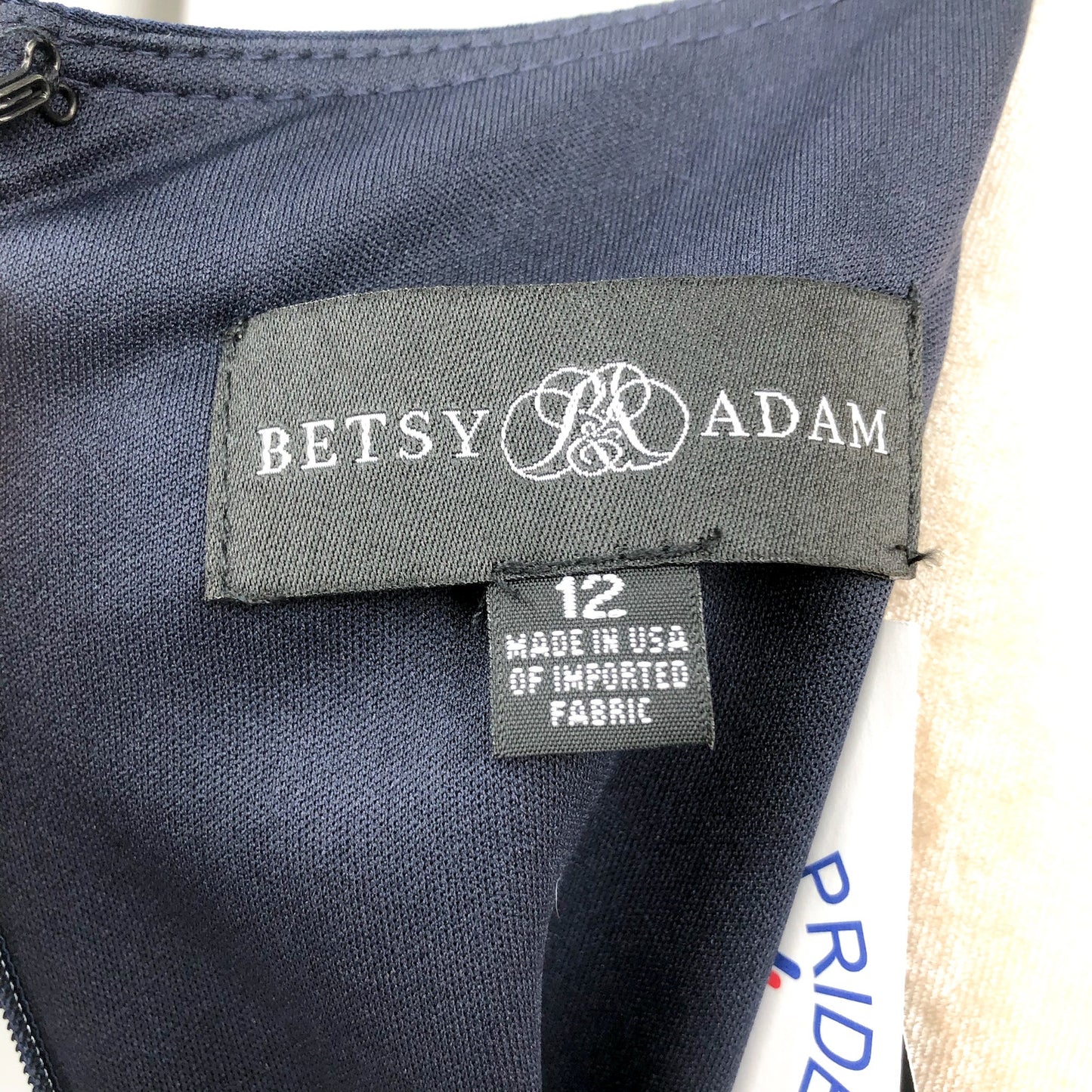 BETSY & ADAM Elle Gown Size 12 Navy Blue Long Sleeve Side Ruffled Slit NWT