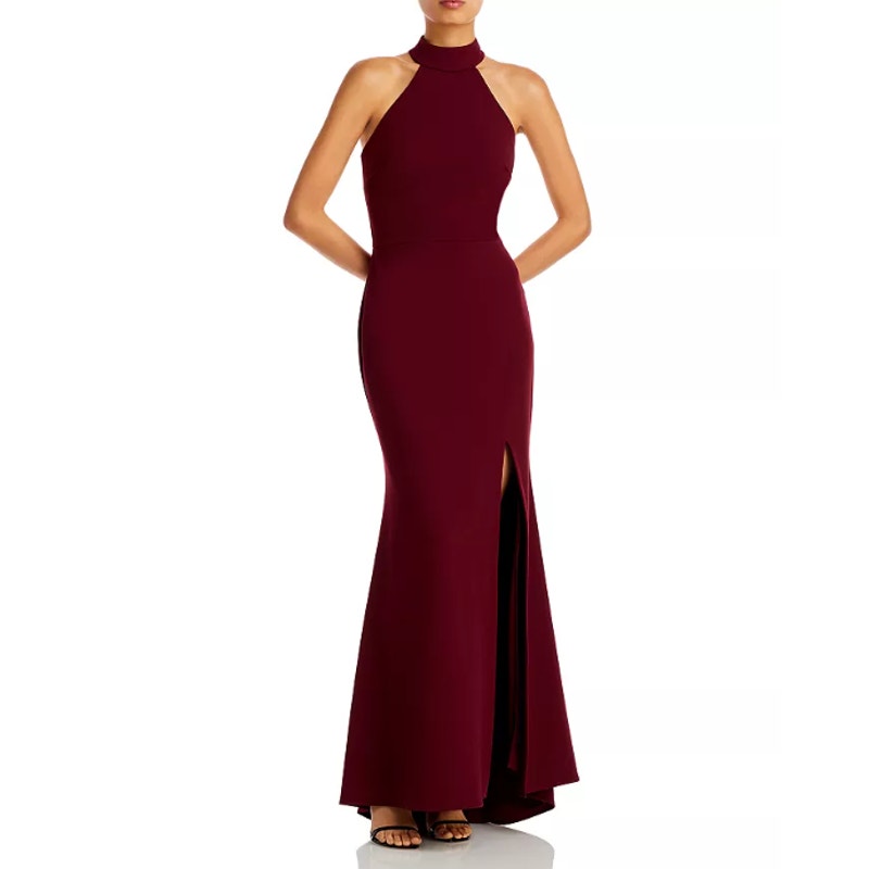 AQUA Women's Halter Neck Gown Size 4 Red Bordeaux Scuba Crepe Dress NWT