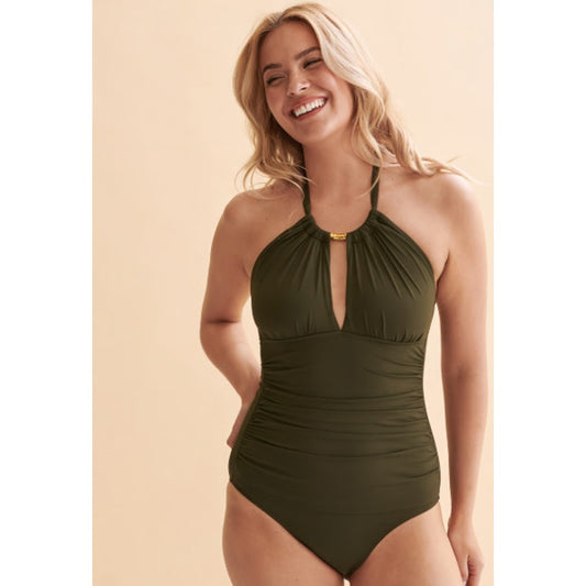 LAUREN RALPH LAUREN High Neck One-Piece Swimsuit 10 Olive Green Beach Club NWT