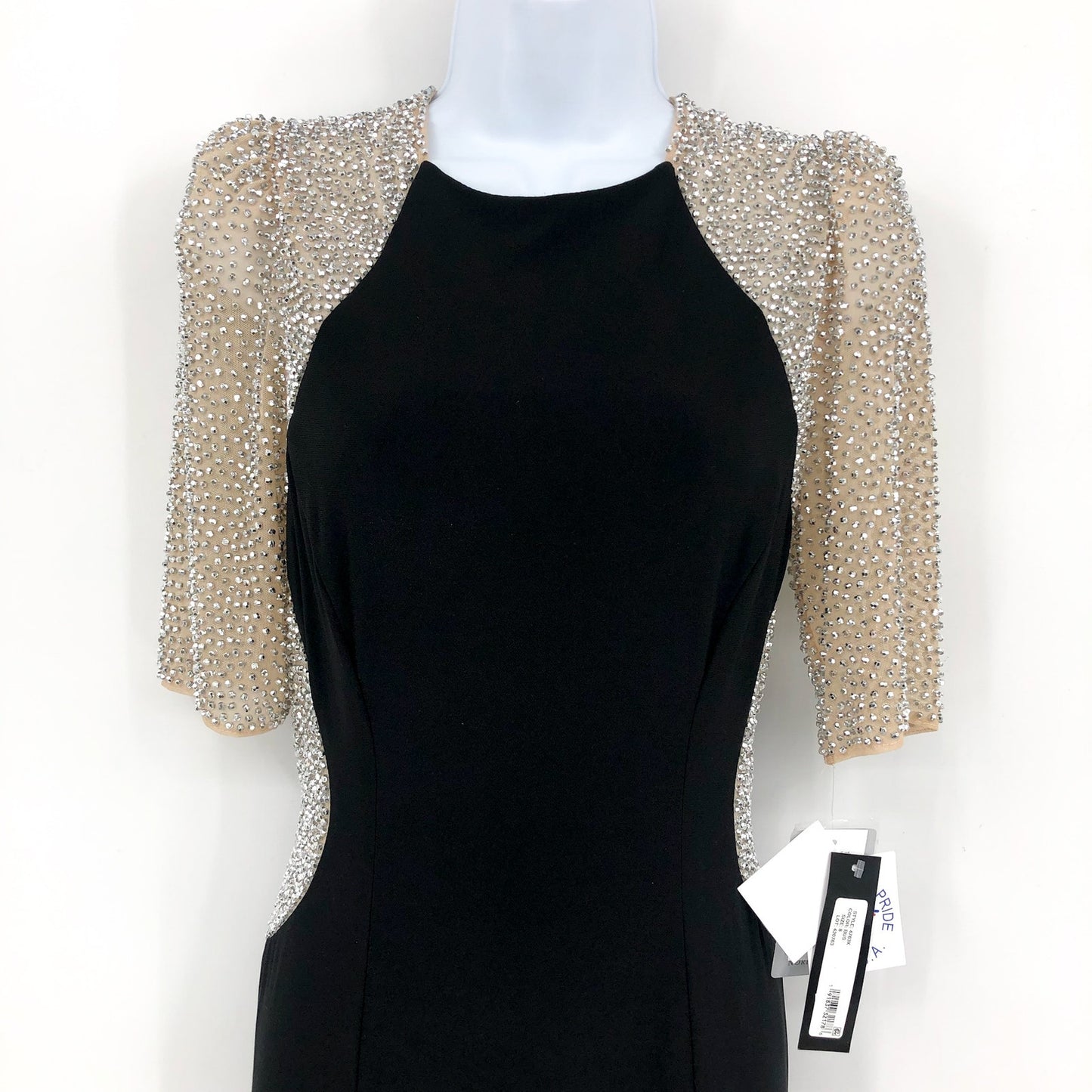 XSCAPE Women's Elis Long Jersey Knit Dress Size 8 Black Silver Illusion NWT