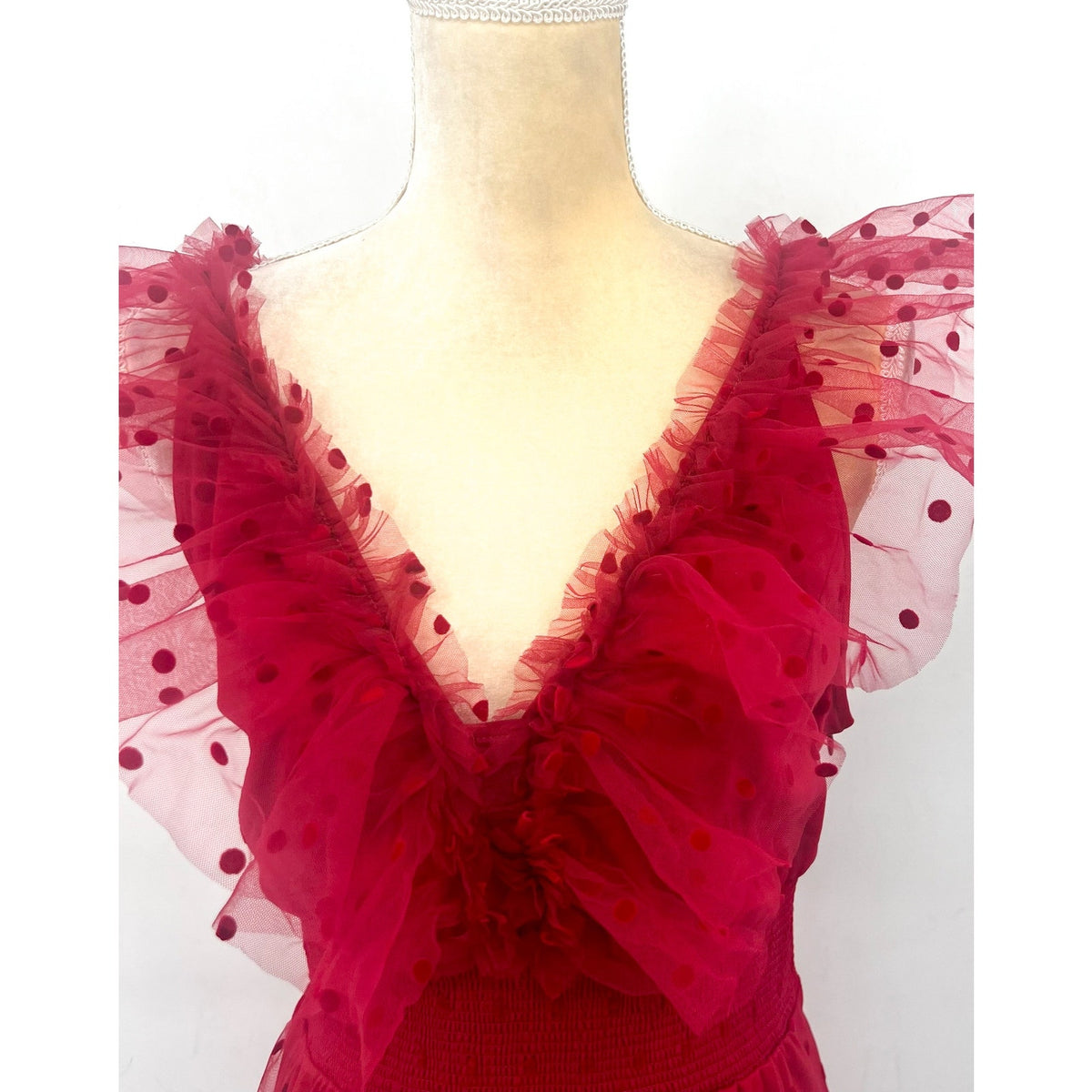 ADRIANNA PAPELL Women's Dot Tulle Ruffle Dress Size 14 Red Sleeveless NWT