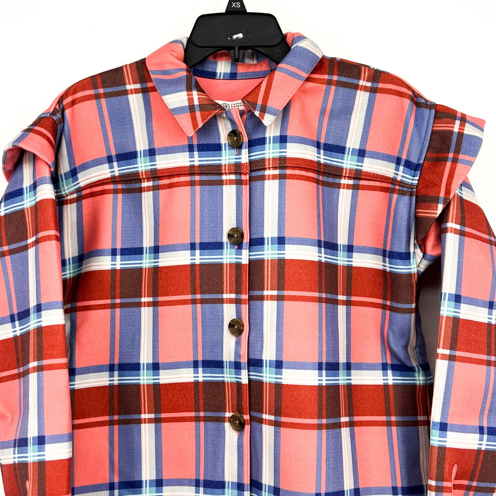 CANDACE CAMERON BURE Ruffle Sleeve Shirt Jacket XS Pink Blossom Plaid NWOT