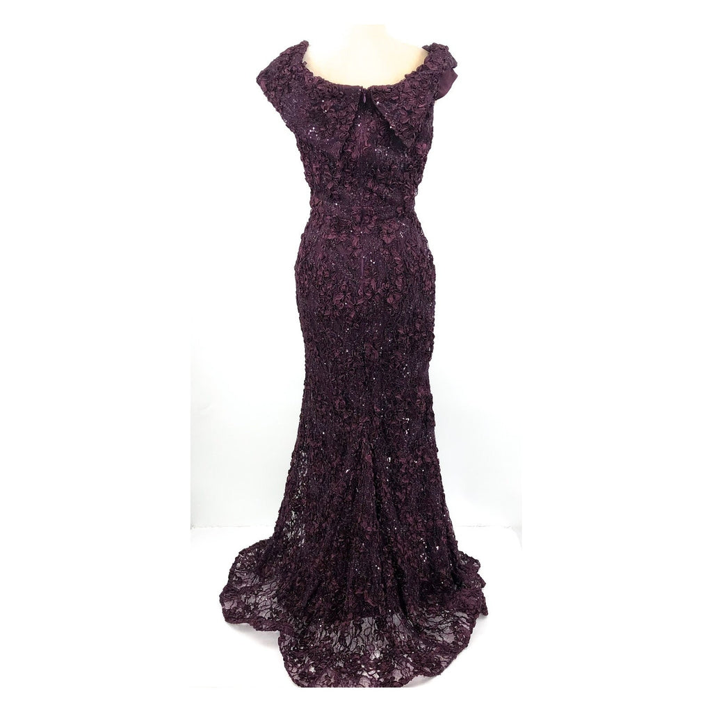 XSCAPE Jill Embroidered Lace Gown Size 12 Purple Off The Shoulder 4618X NWT