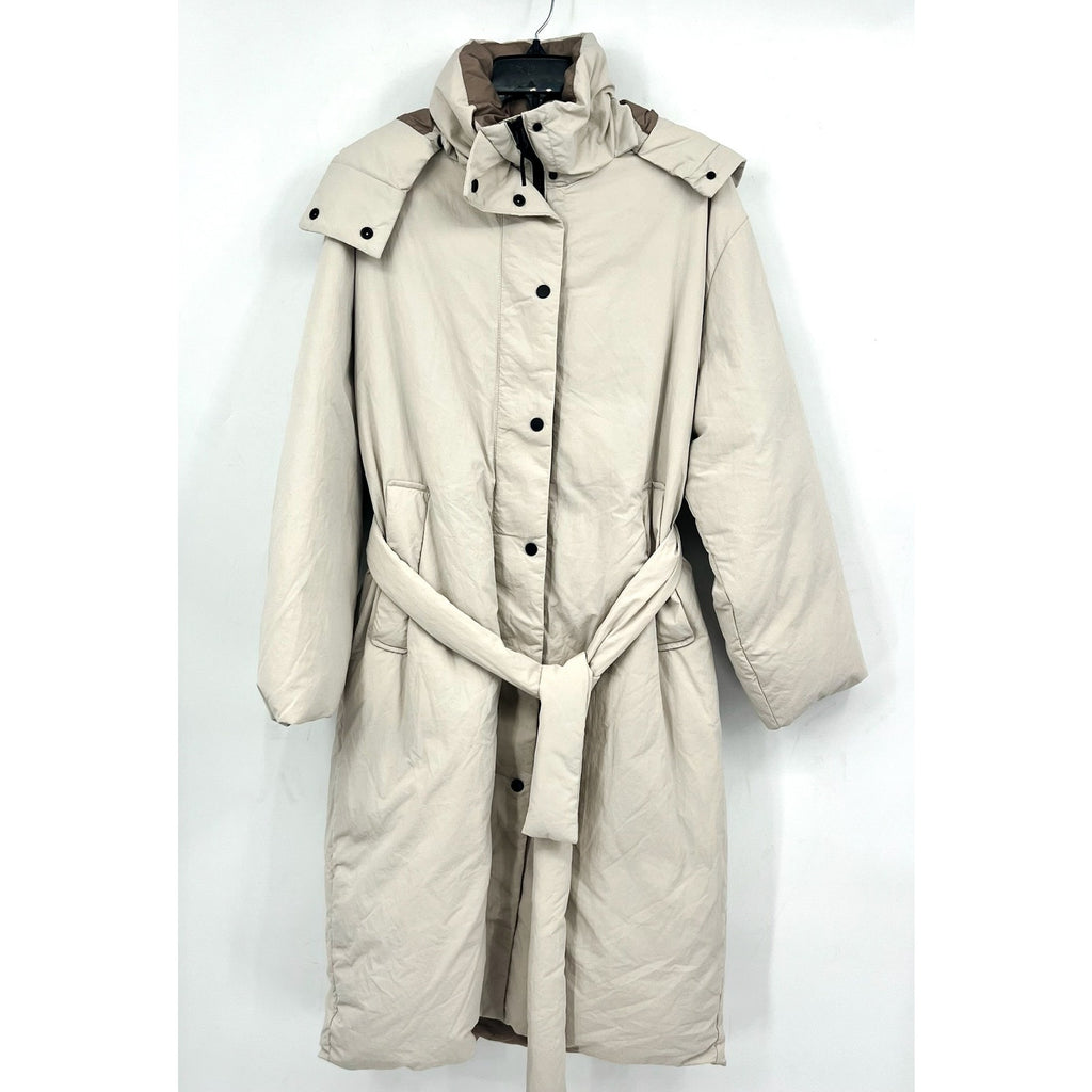 Everlane Womens The Duvet Down Puffer Coat Medium Cream Down Long Belted NWT