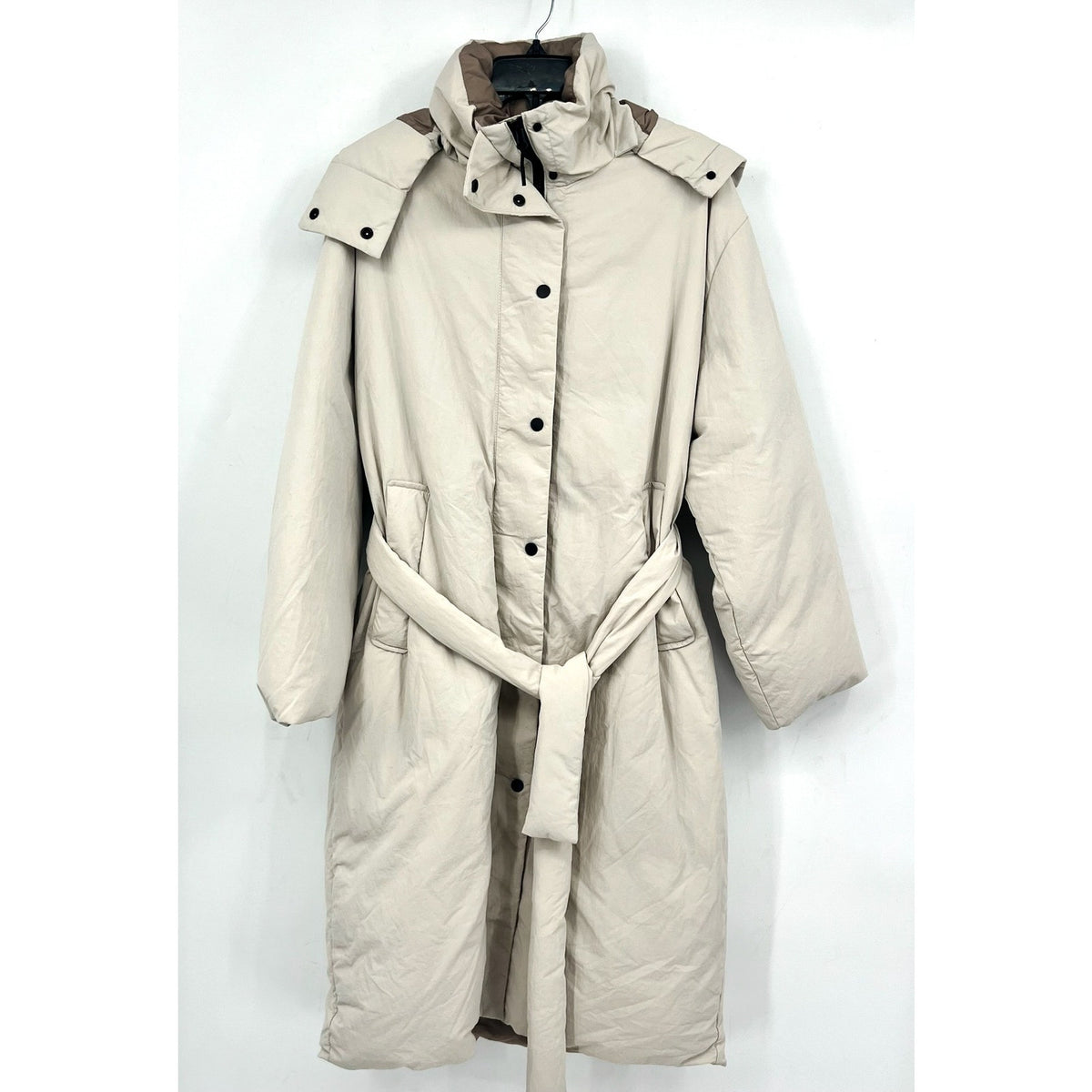 Everlane Womens The Duvet Down Puffer Coat Medium Cream Down Long Belted NWT
