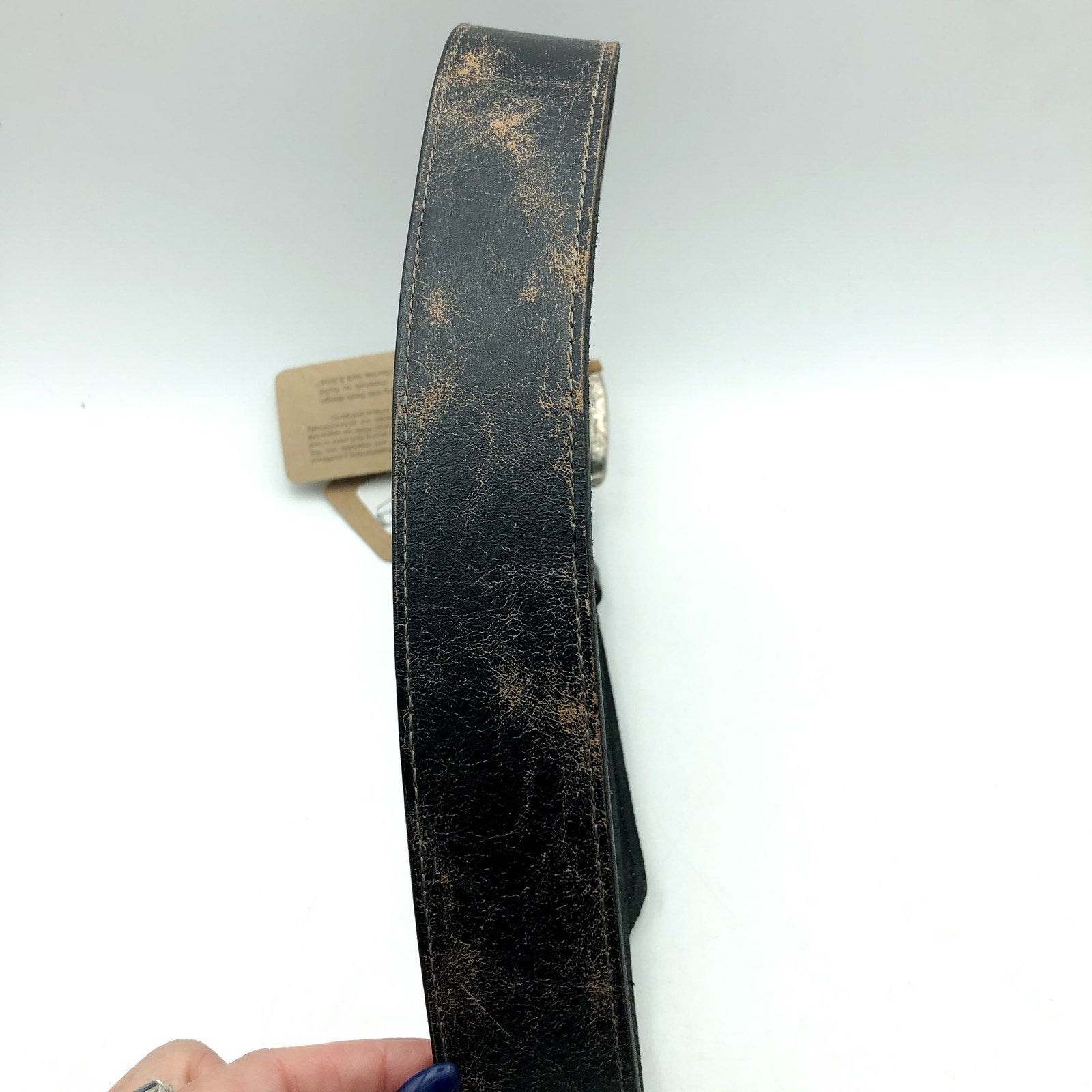 BED STU Men's Distressed Leather Meander Belt Size 28 Black Lux Metal Buckle NWT