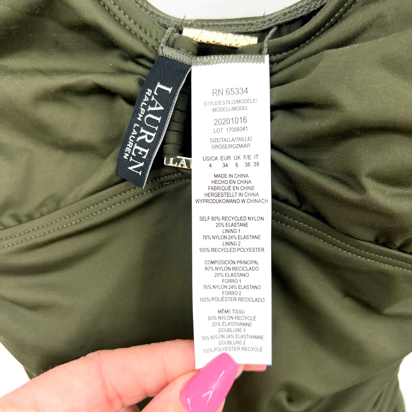LAUREN RALPH LAUREN Womens Ring One Piece Swimsuit Size 4 Olive Green OTS NWT