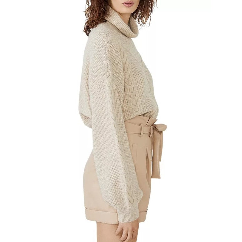 BARDOT Women's Maya Cable Knit Sweater Small Beige Pebble Balloon Sleeves NWT