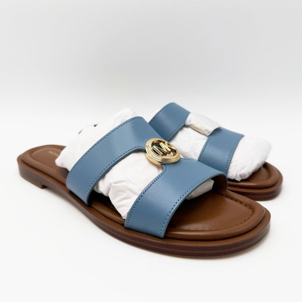 Michael Kors Womens Erin Leather Flat Sandals Size 6.5 Light Blue Chambray NIB