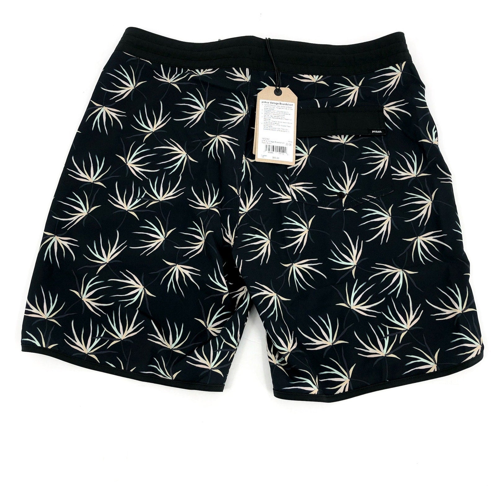 PRANA Men's Vintage Boardshort Size 33 Black Bloom 8" Inseam Drawstring NWT