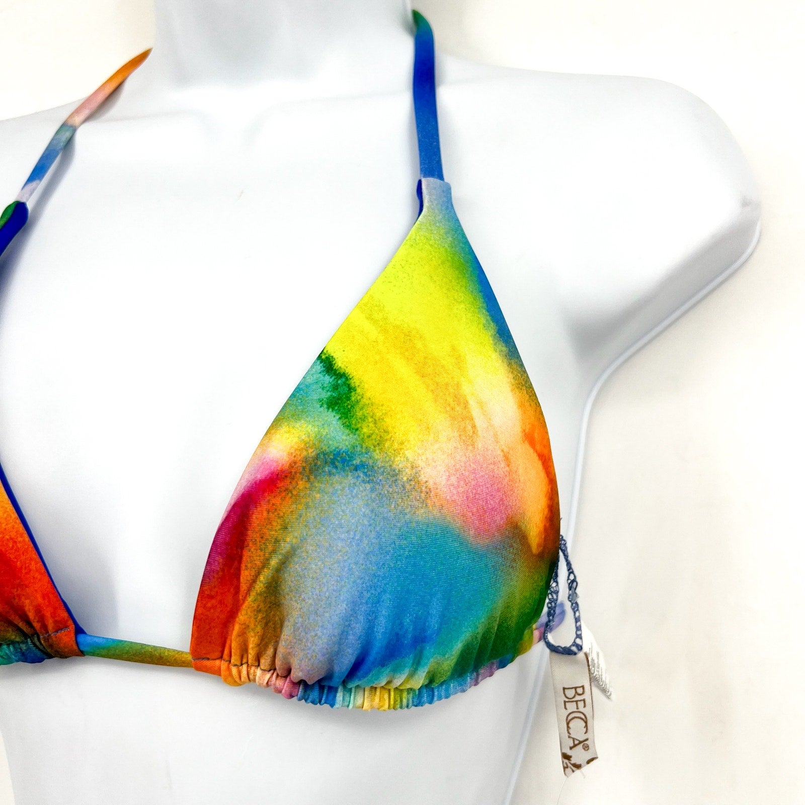 BECCA Paper Mache Cheryl Reversible Triangle Bikini Top Small Rainbow Blue NWT