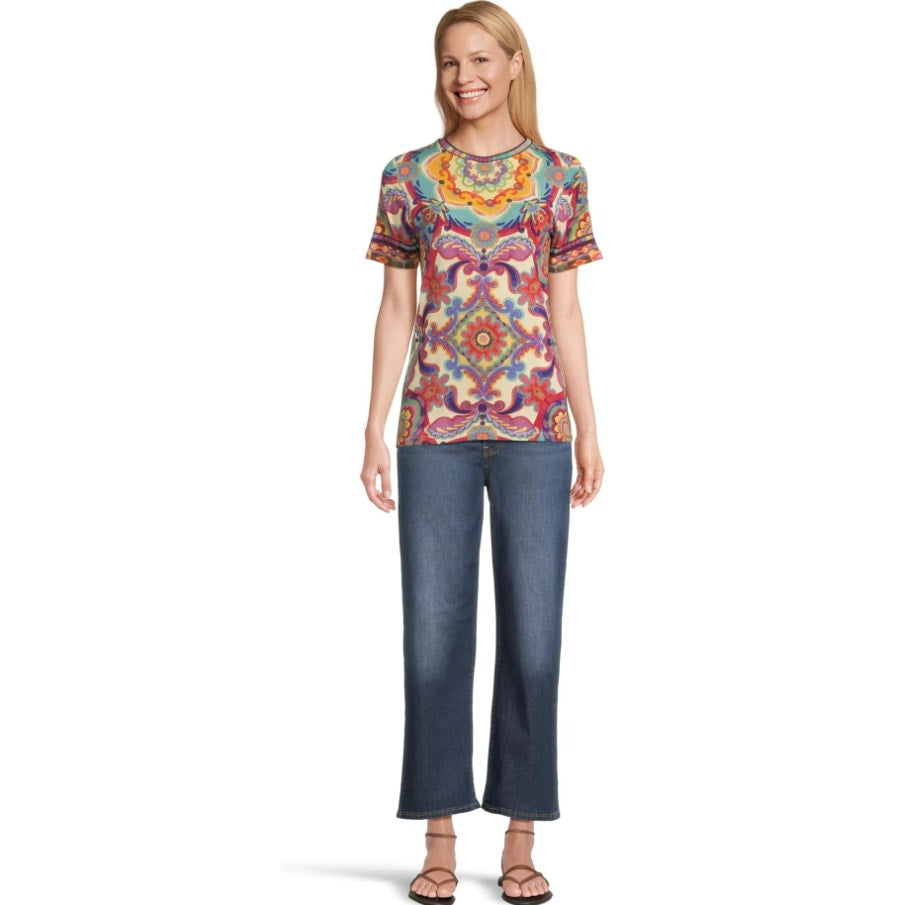JOHNNY WAS The Janie Favorite Top Large Multi Mcanna Scarf Short Sleeve NWT