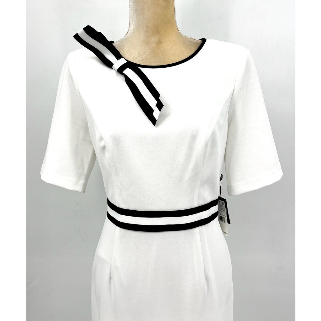 ADRIANNA PAPELL Women's Crepe Ribbon Dress Size 10 Ivory Black Knee Length NWT
