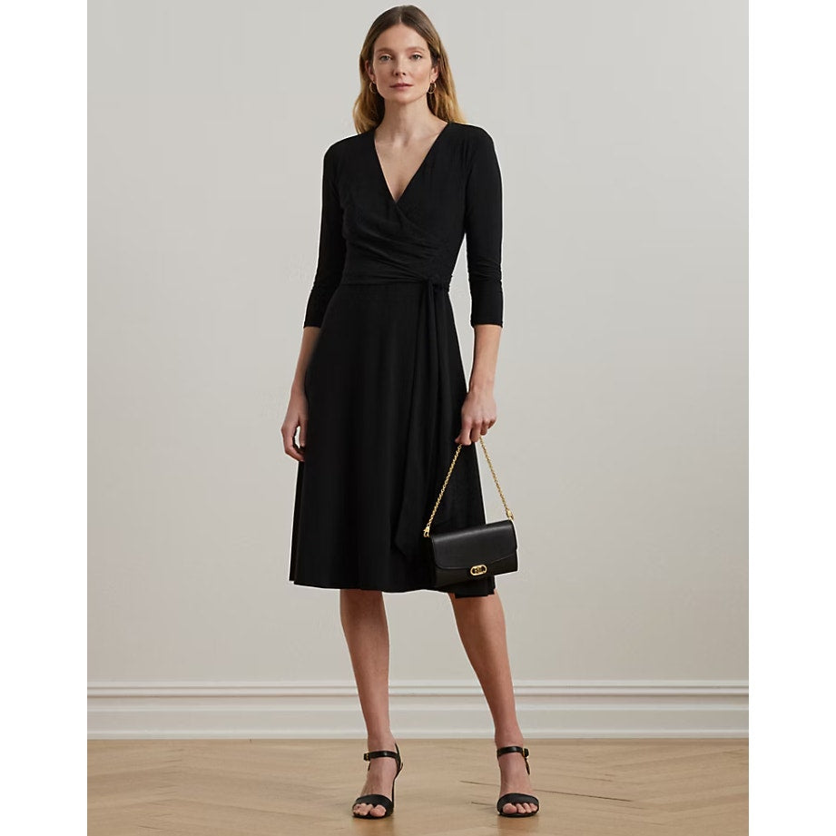 LAUREN RALPH LAUREN Surplice Jersey Dress Size 6 Black 3/4 Sleeves Belted NWT