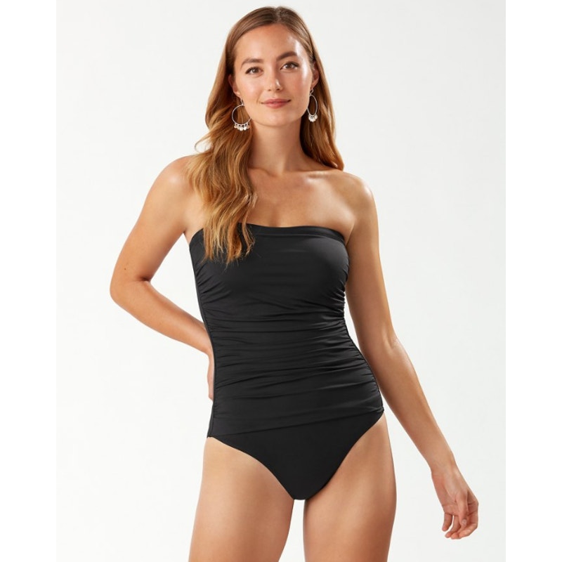 TOMMY BAHAMA Pearl Bandeau One-Piece Swimsuit Size 6 Black Shirred NWT