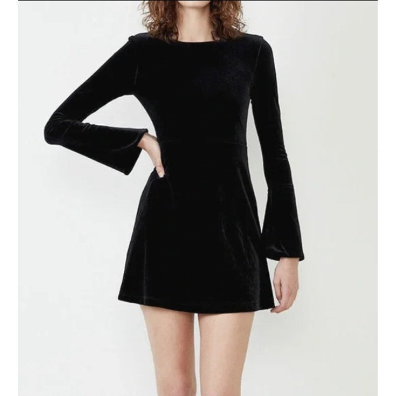 BARDOT Women's Kasra Velour Mini Dress XS US 2 Black Bell Sleeves Cut Out NWT
