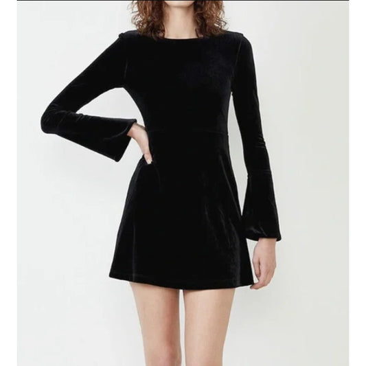 BARDOT Women's Kasra Velour Mini Dress XS US 2 Black Bell Sleeves Cut Out NWT