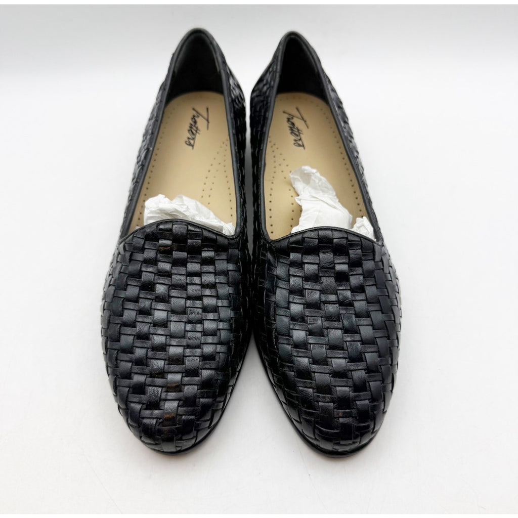 TROTTERS Womens Liz Loafers Size 8.5 Extra Wide Black Woven Leather Slip-On NWOB