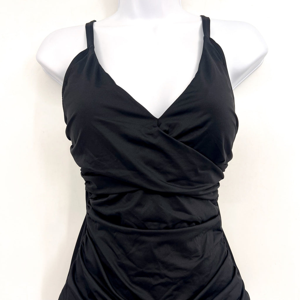 TOMMY BAHAMA Pearl V-Neck One Piece Swimsuit Size 6 Black Solid Cross Front NWT
