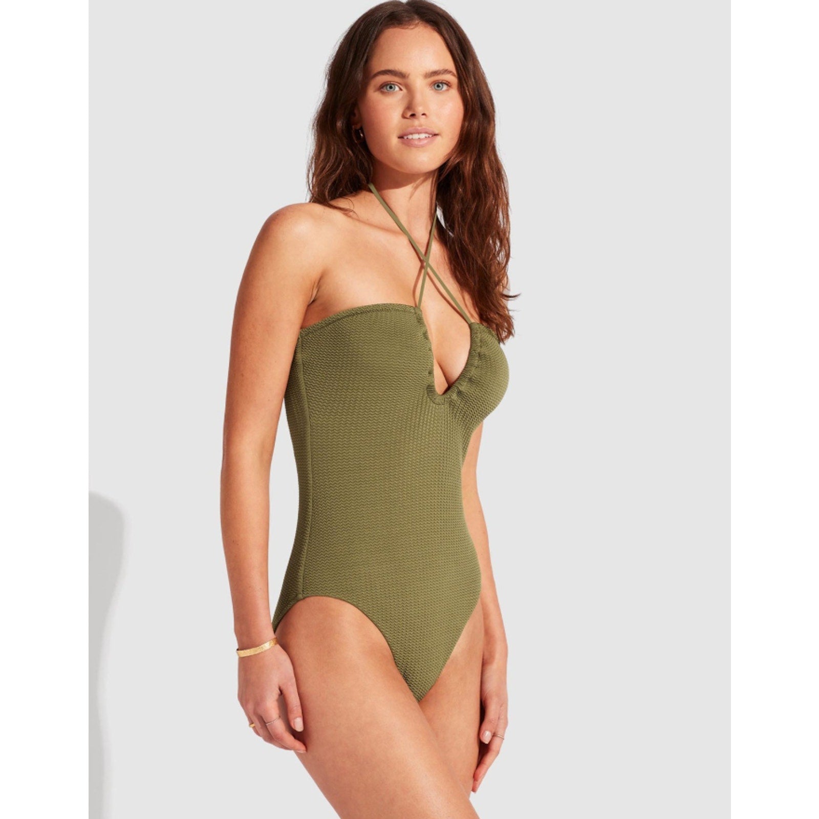SEAFOLLY Sea Dive Bandeau Maillot One Piece Swimsuit Size 6 Green Khaki NWT