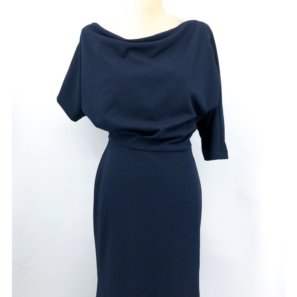 BETSY & ADAM Asymmetrical Scuba Crepe Dress Size 12 Navy Blue A25025 NWT
