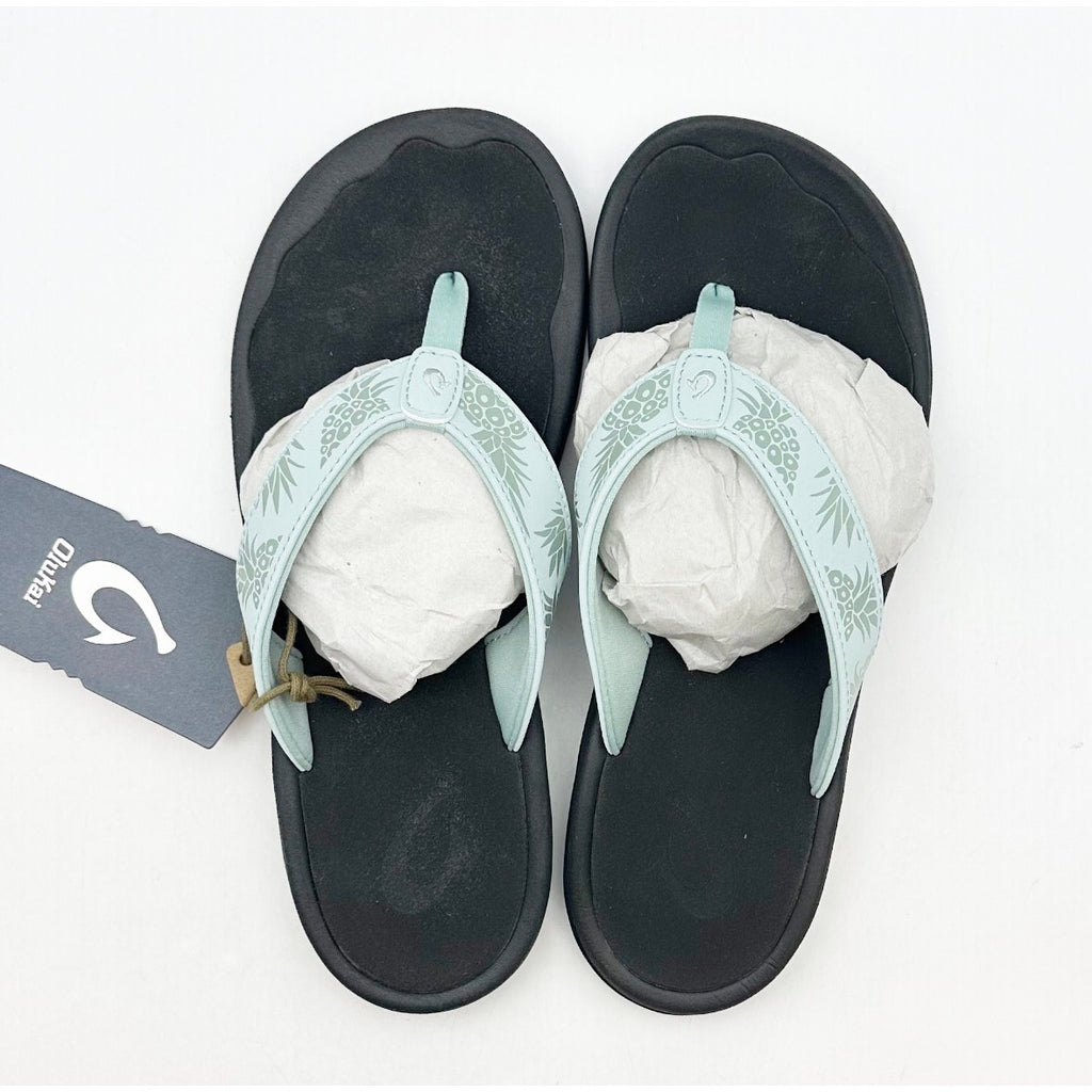 OluKai Womens Ohana Flip Flop Sandals Size 7 Blue Swell Hua Pineapple Print NIB