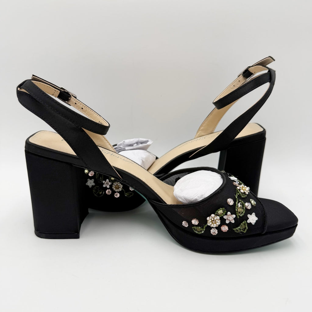 Betsey Johnson Womens Kirra Platform Heel Sandals US 8.5 Black Floral Beaded NIB