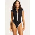 SEAFOLLY Women's Beach Bound One Piece Swimsuit Size 8 Black Zip Cap Sleeve NWT