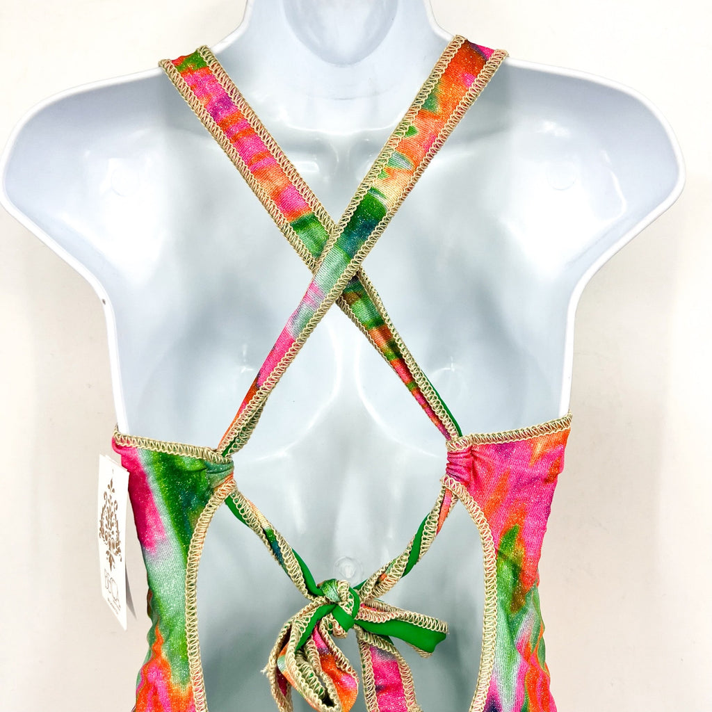 BECCA Women's Lace-Up One-Piece Swimsuit Large Pink Mirage Metallic NWT