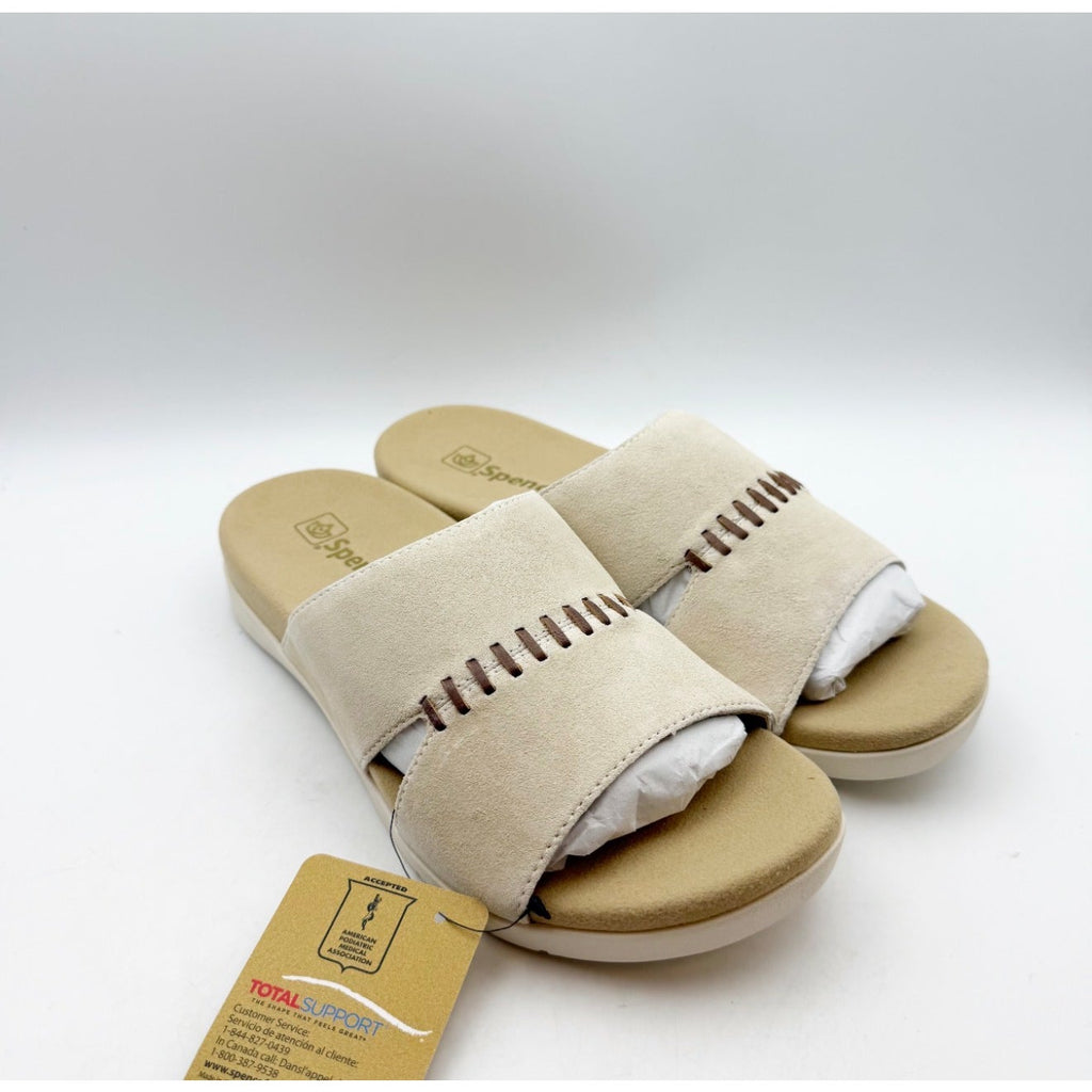 Spenco Womens Twilight Woven Slide Sandals Size 9 Wide Cream Almond Buff Tan NIB