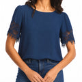 MONTGOMERY POST STITCH FIX Blouse Small Navy Blue Lace Trim Sleeves NWT