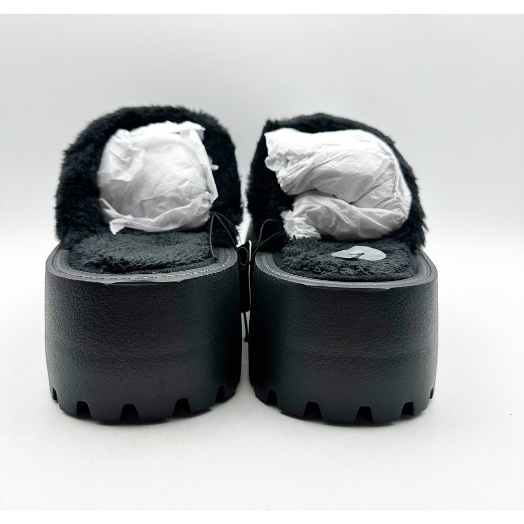 BEBE Women's Platform Slides Size 7 Black Faux Fur Collar Rhinestone Logo NWOB