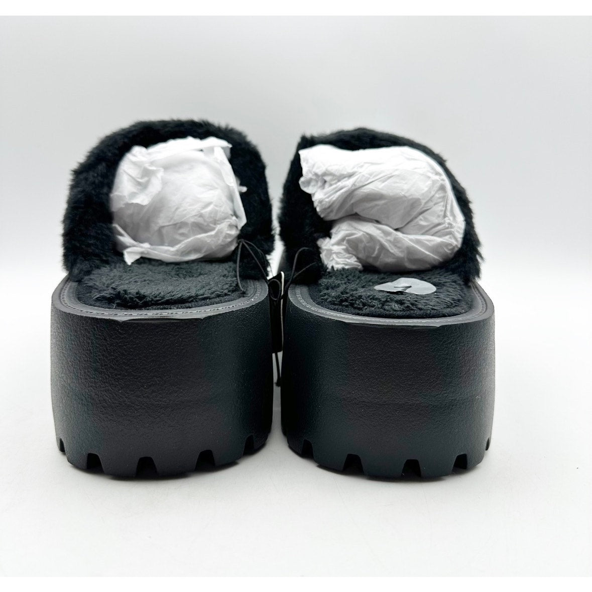 BEBE Women's Platform Slides Size 7 Black Faux Fur Collar Rhinestone Logo NWOB