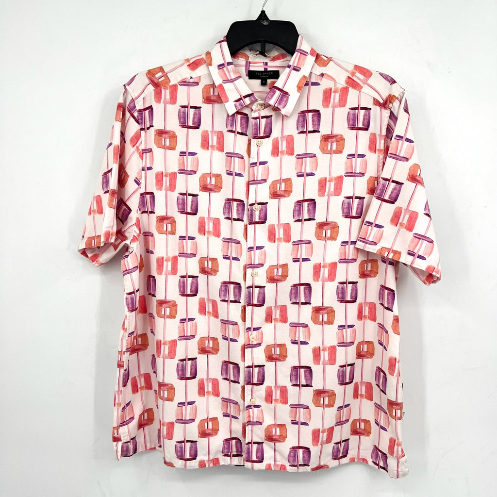TED BAKER Men's Short Sleeve Button Down Shirt XXL 6 Pink Purple Abstract NWT