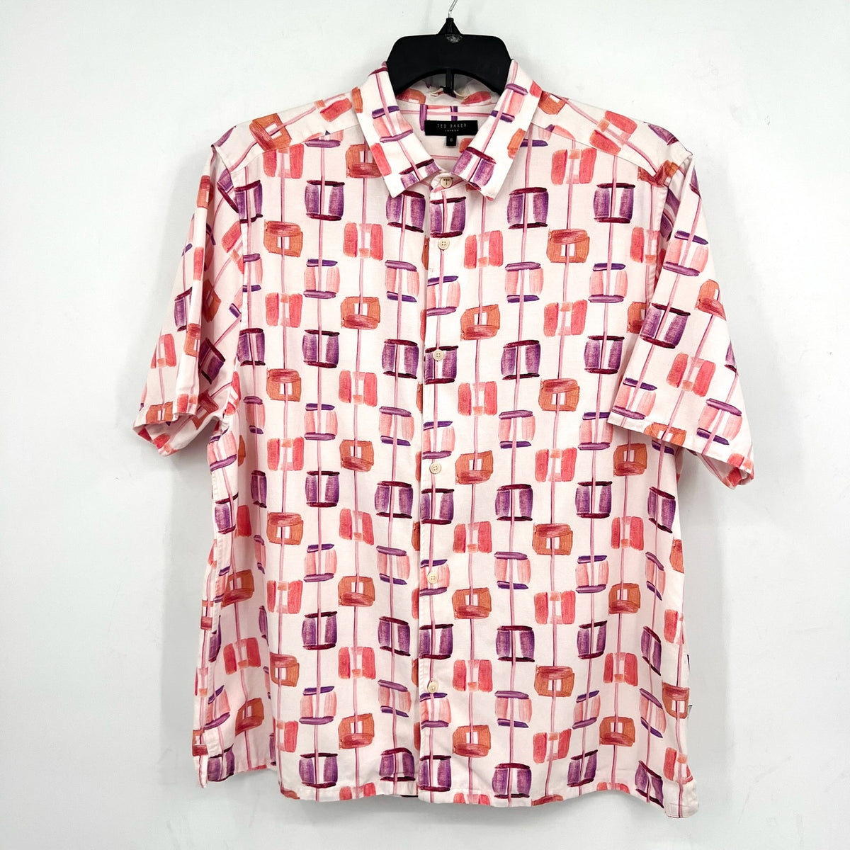 TED BAKER Men's Short Sleeve Button Down Shirt XXL 6 Pink Purple Abstract NWT