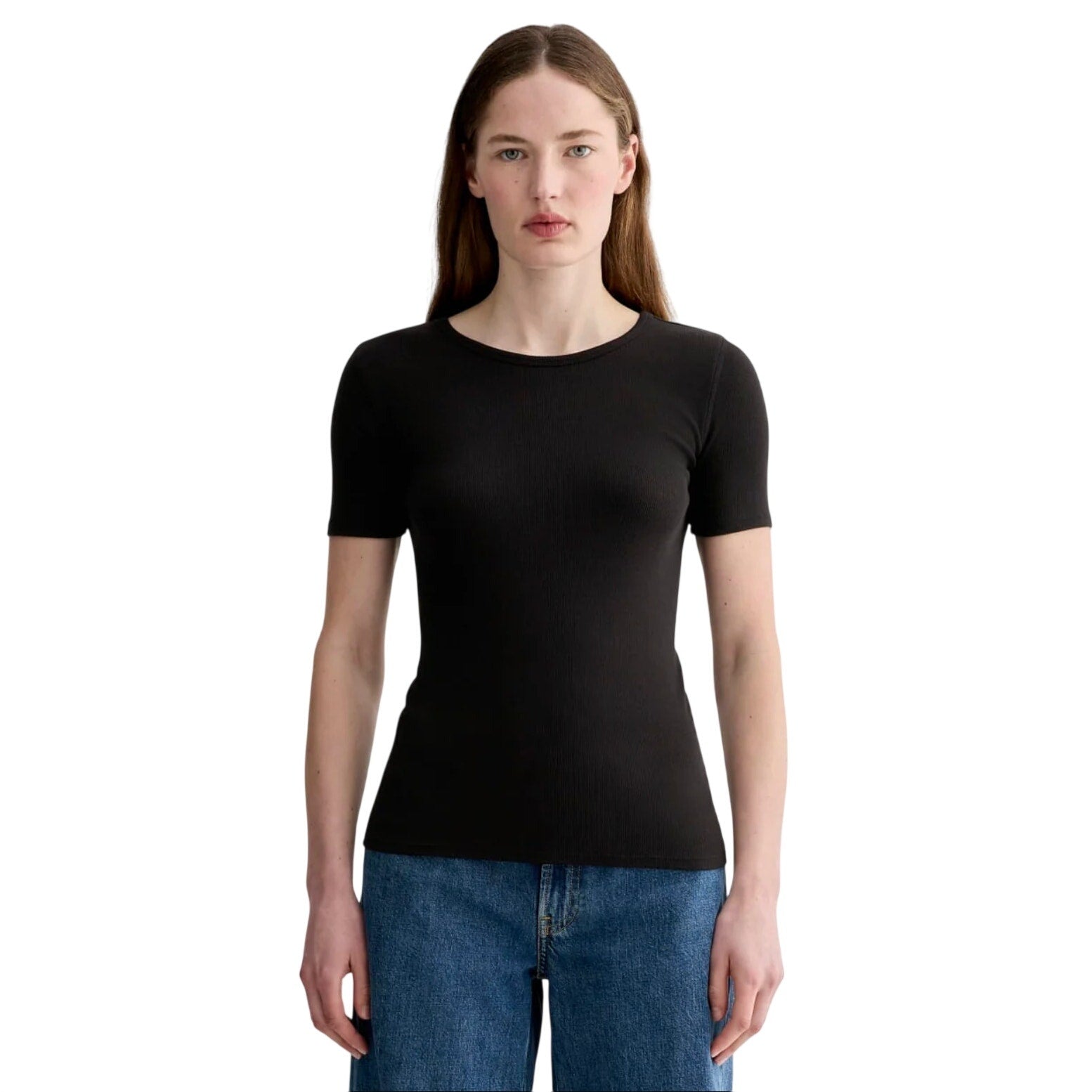 EVERLANE Women's The Luxe Rib Crew Tee XXS Black Short Sleeve Supima Cotton NWT