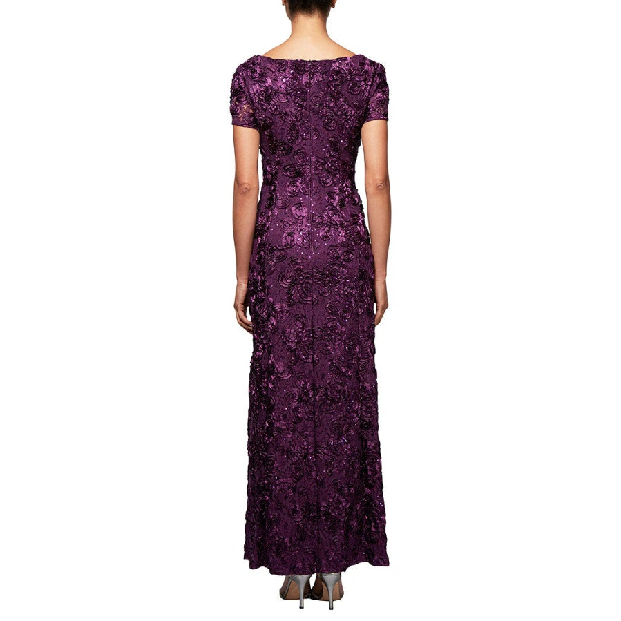 ALEX EVENINGS Women's Rosette Lace A-Line Gown Size 12 Purple Eggplant NWT