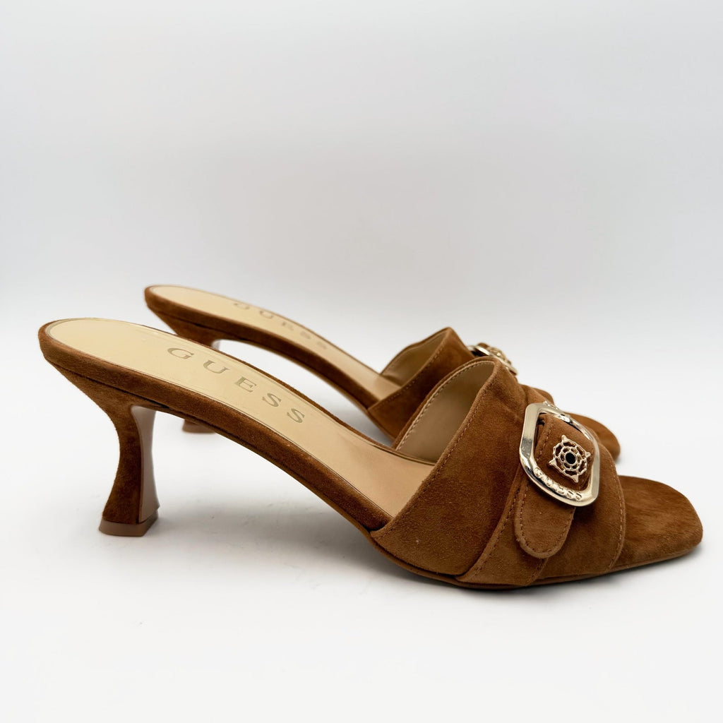 Guess Womens Dittara Kitten Heel Slide Sandals Size 10 Brown Cognac Suede NWOB