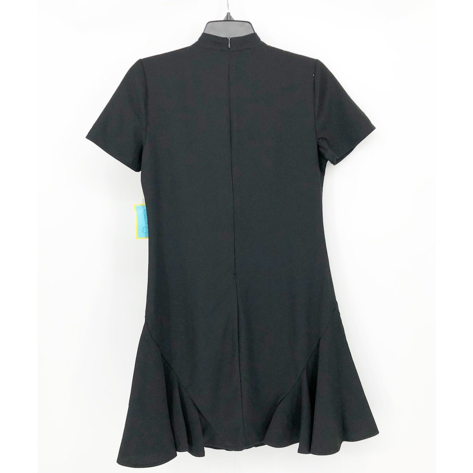 CECE Ruffled Bow Neck Mini Dress Size 10 Black Short Sleeve Fit & Flare NWT