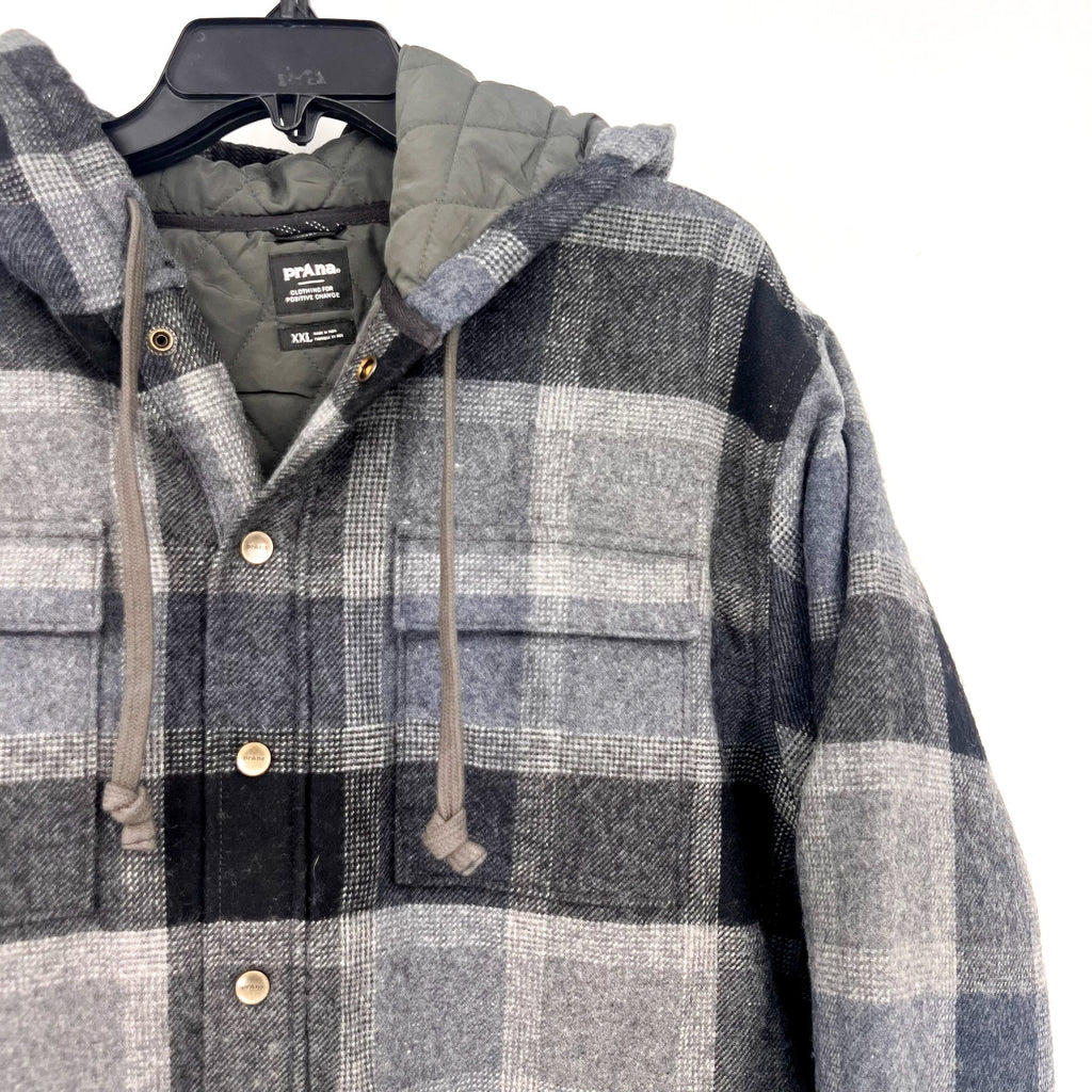 PRANA Men's Asgard Hooded Flannel Shirt Jacket XXL Gray Charcoal Plaid NWT