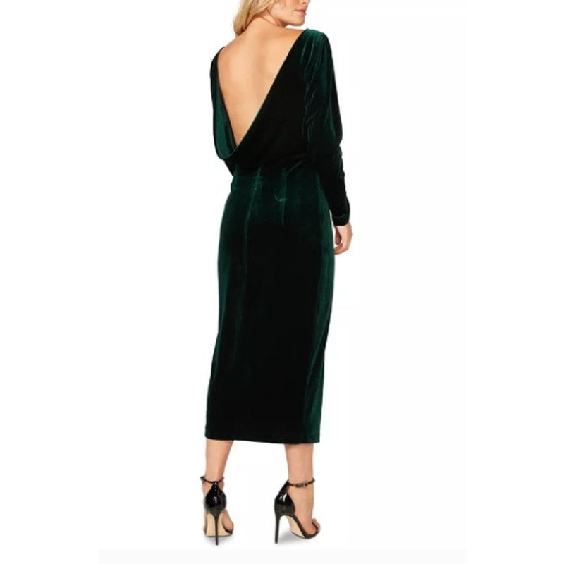 BARDOT Kalani Cowl Back Velvet Midi Dress Size 10 Large Green Long Sleeve NWT