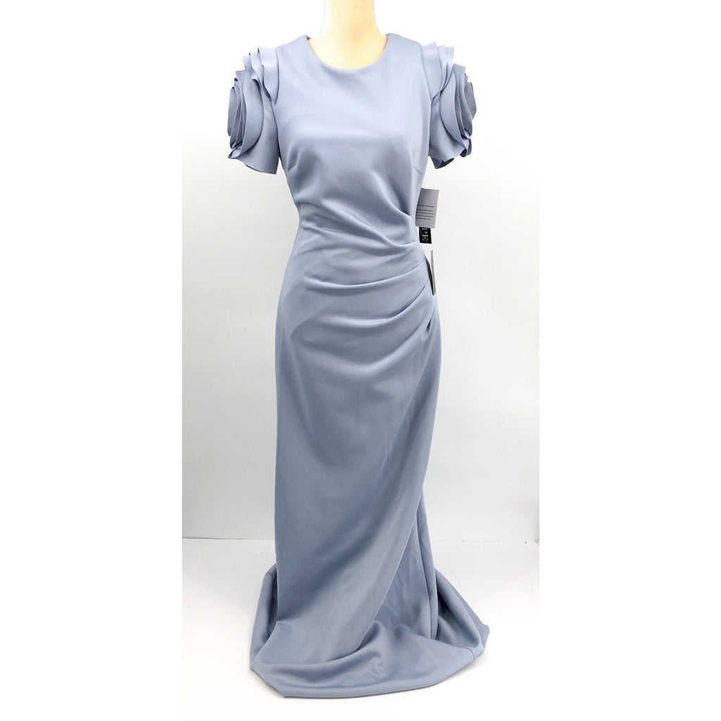 XSCAPE Rosette Ruched Sheath Gown Size 12 Sky Blue Short Sleeve Floral 4721X NWT