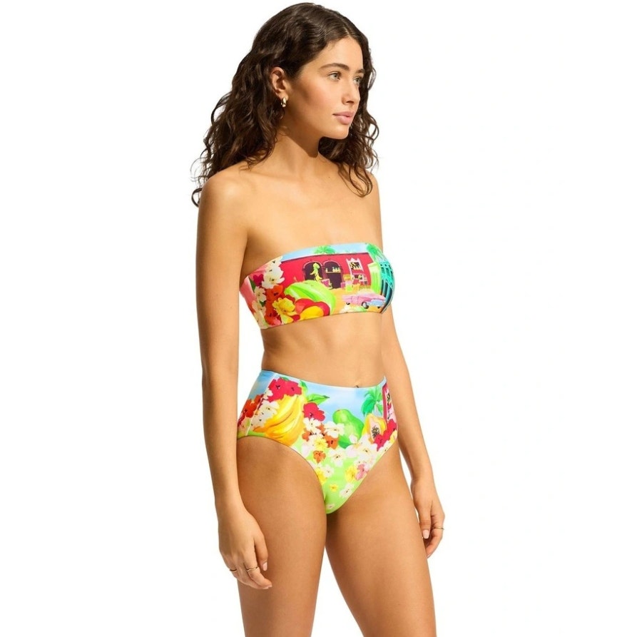 SEAFOLLY Women's Cuba High Waisted Bikini Bottom Size 12 Turquoise Multi NWT